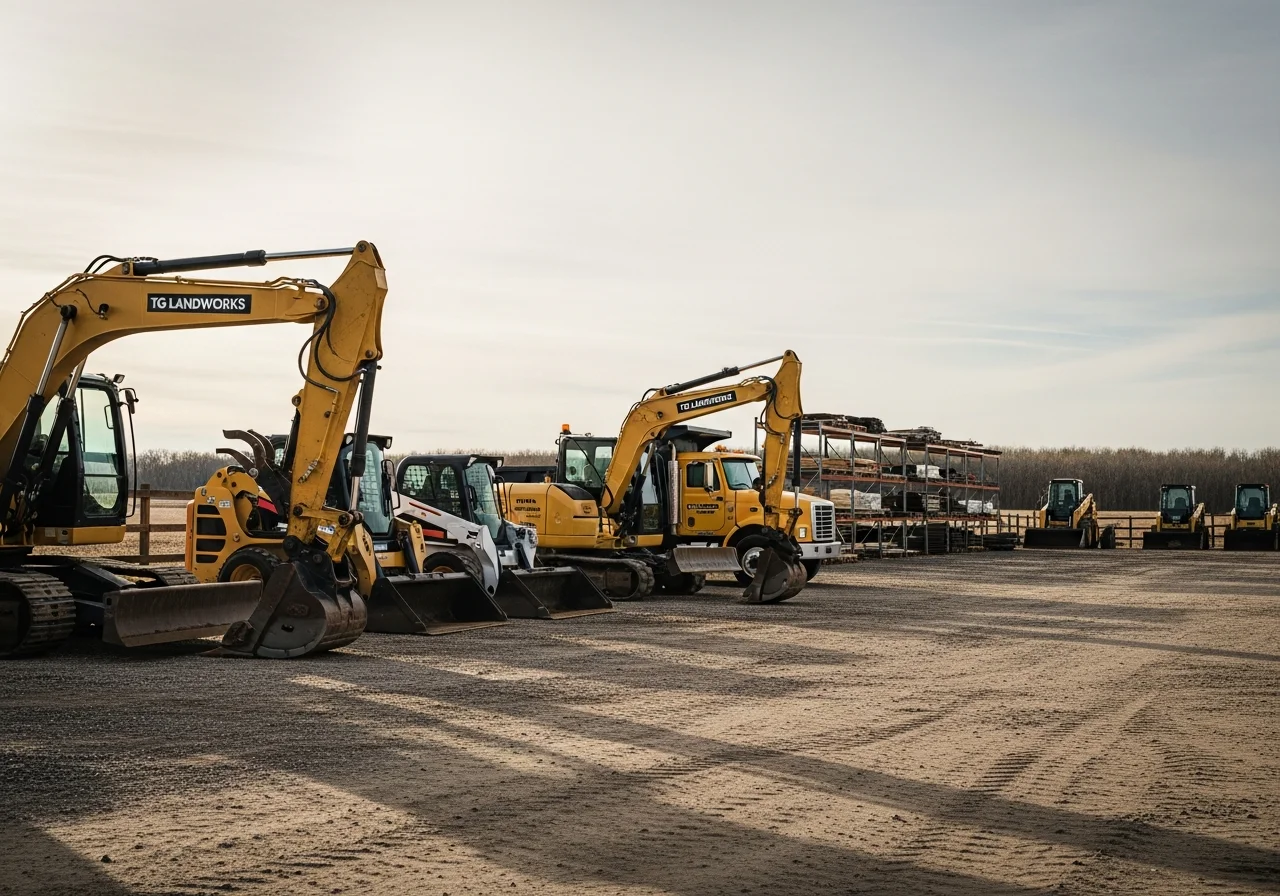 Heavy excavation equipment and machinery staged at a job site, ready for farm and ranch work.