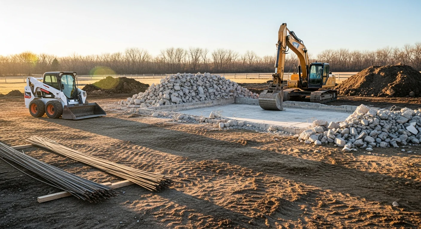 Excavator removing structure on farm property