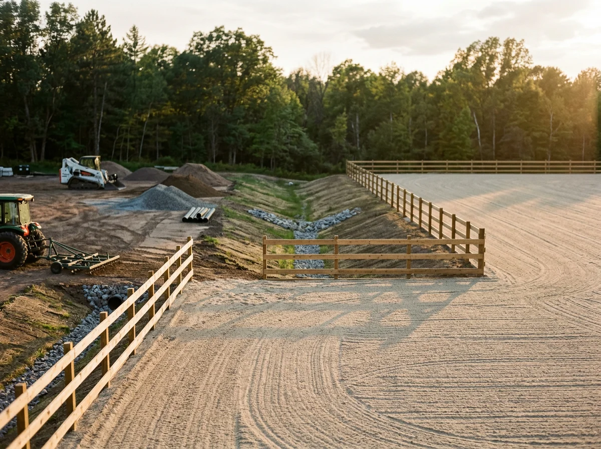 Completed horse arena with compacted surface and perimeter fencing