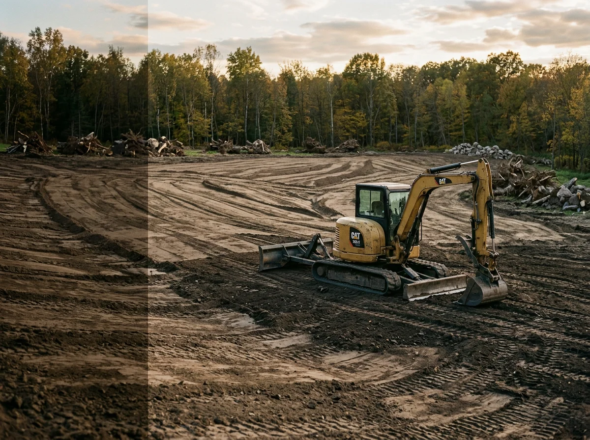 Excavator clearing overgrown farmland with stump removal and grading work