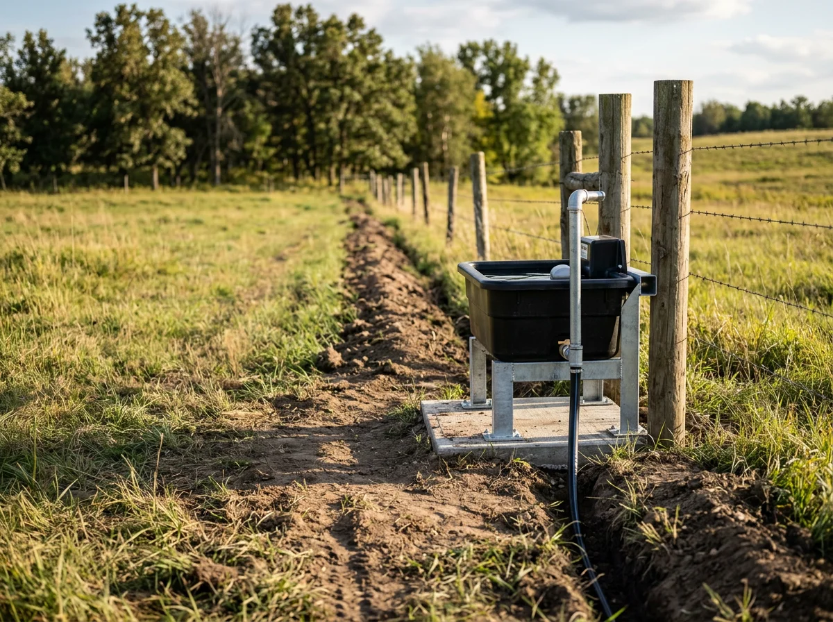 Installed livestock drinking station with metal trough and automatic float valve in pasture setting