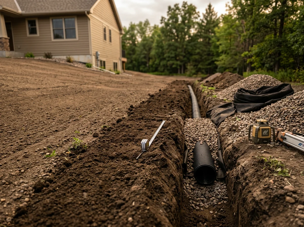 Excavated trench with perforated drainage tile and gravel bed installed in prepared soil