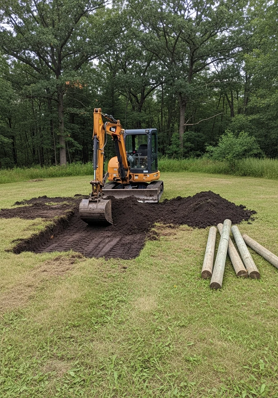 TG Landworks excavation equipment working on a farm site in Isanti County, MN, clearing land or installing drainage infrastructure.