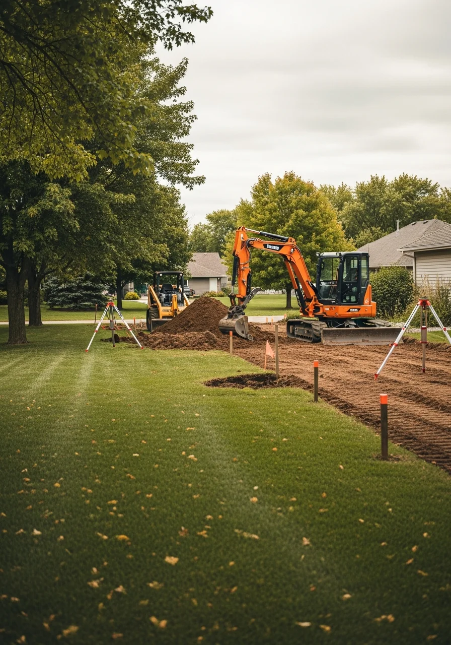 Excavation equipment on a farm property in Isanti, MN, preparing a site for livestock facilities or drainage improvements.