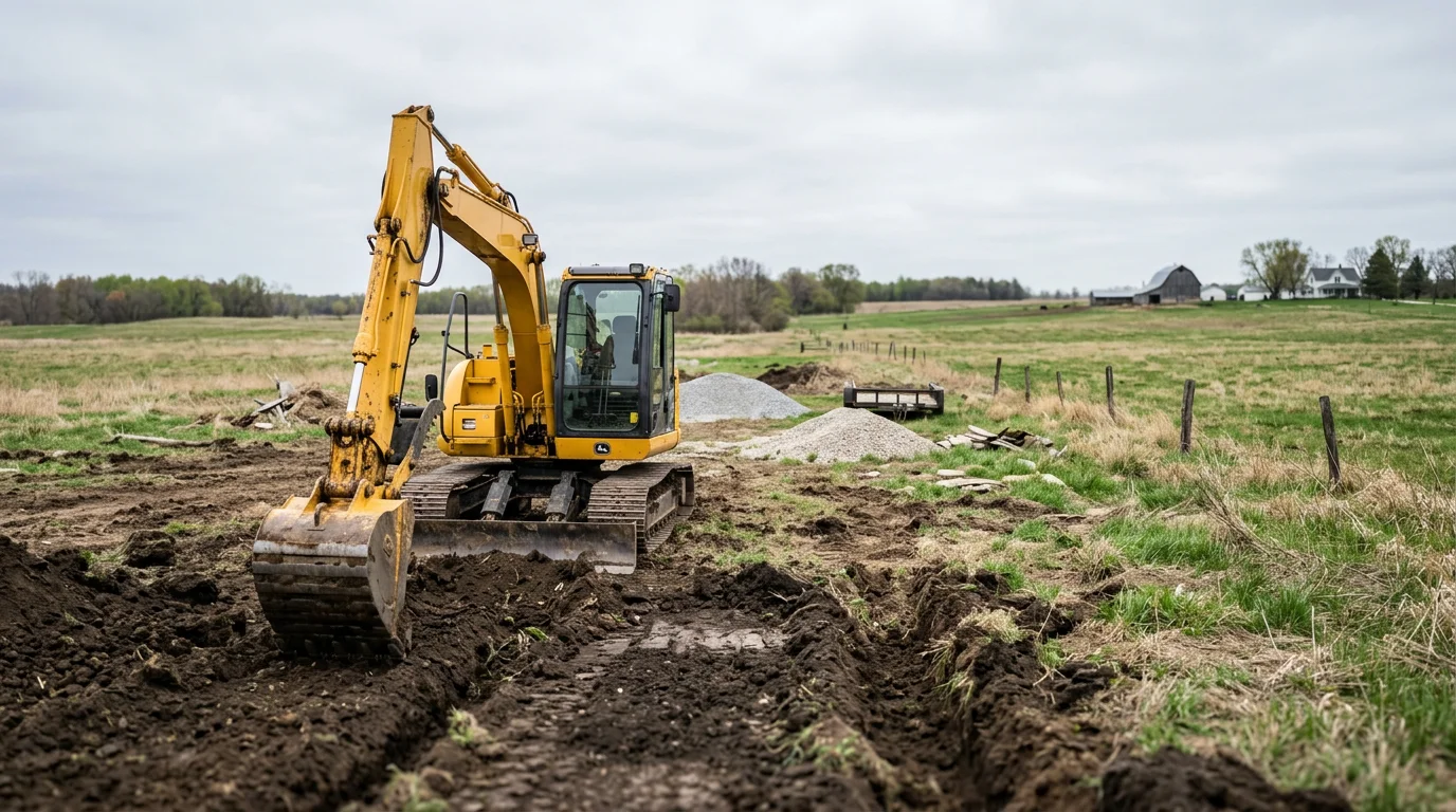 Excavator preparing a Minnesota horse farm site with drainage work and pasture clearing