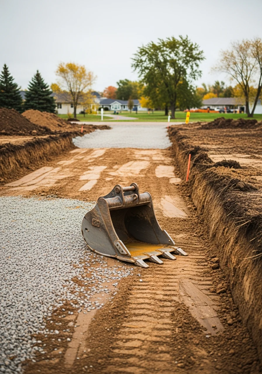 Excavation equipment on a Sherburne County farm property, preparing a site for a horse arena, drainage system, or livestock facility.