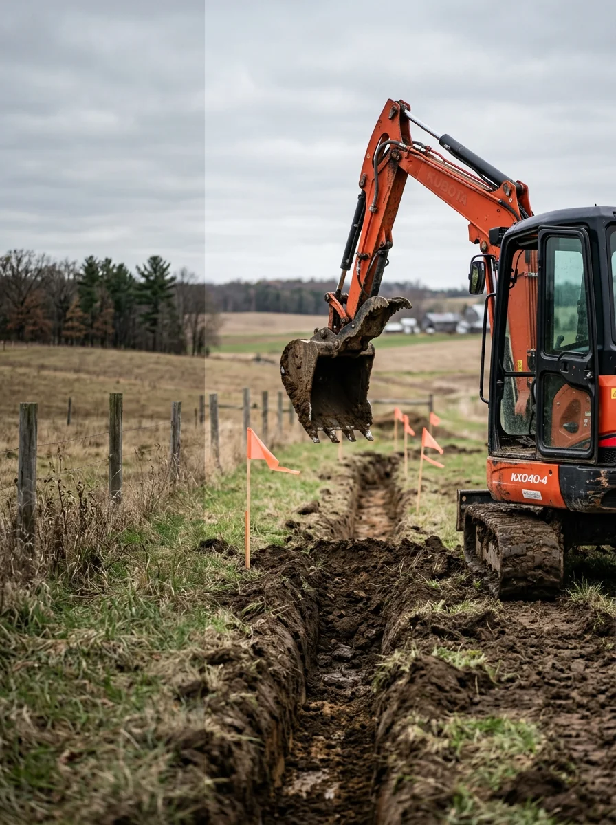 Excavation equipment on a western Wisconsin farm property, preparing a site for a horse arena, drainage system, or livestock facility.
