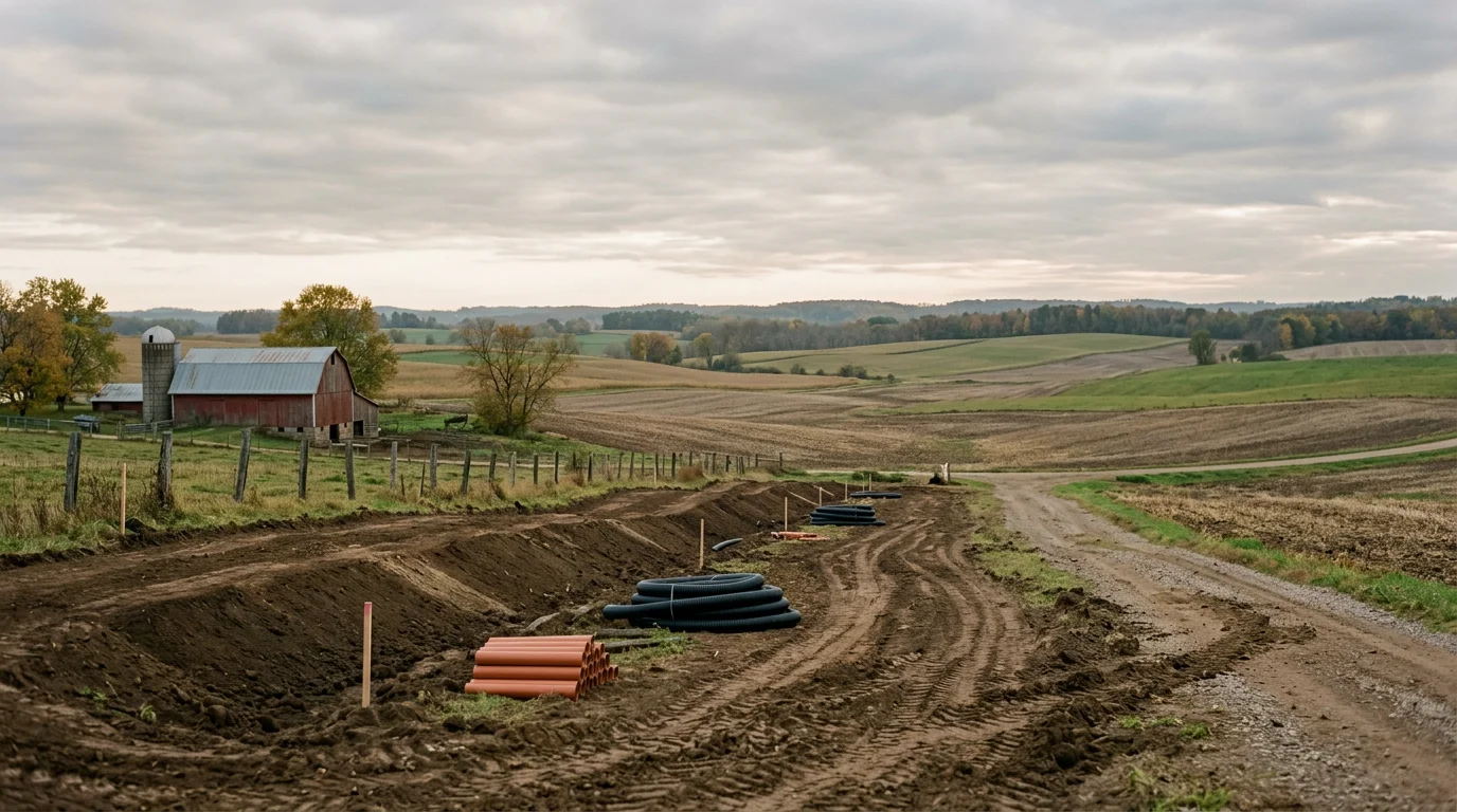 Farm fields and rural property in western Wisconsin, showing the agricultural landscape TG Landworks serves with excavation, drainage, and demolition work.