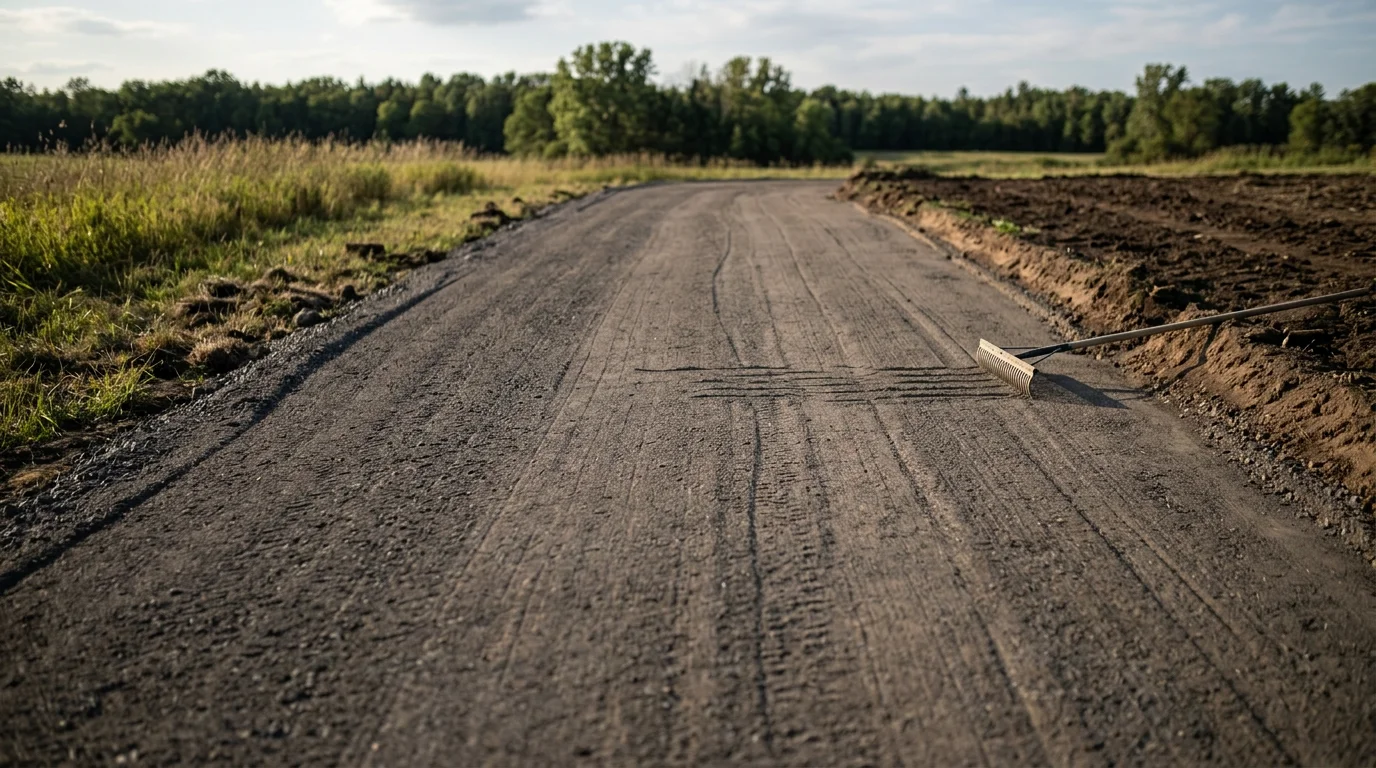 A freshly compacted and graded horse arena base on a rural equestrian property near Princeton, Minnesota, showing smooth aggregate layers ready for footing installation. Heavy equipment tracks are visible across the level surface with a slight crown graded toward the arena perimeter.
