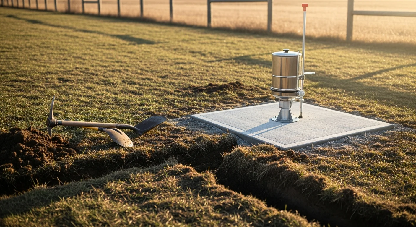 Automatic livestock drinking system installed in a pasture fence line on a Minnesota farm, with cattle accessing the waterer on a clear winter day. Agricultural land and open fields typical of the Princeton and Isanti County area visible in the background.