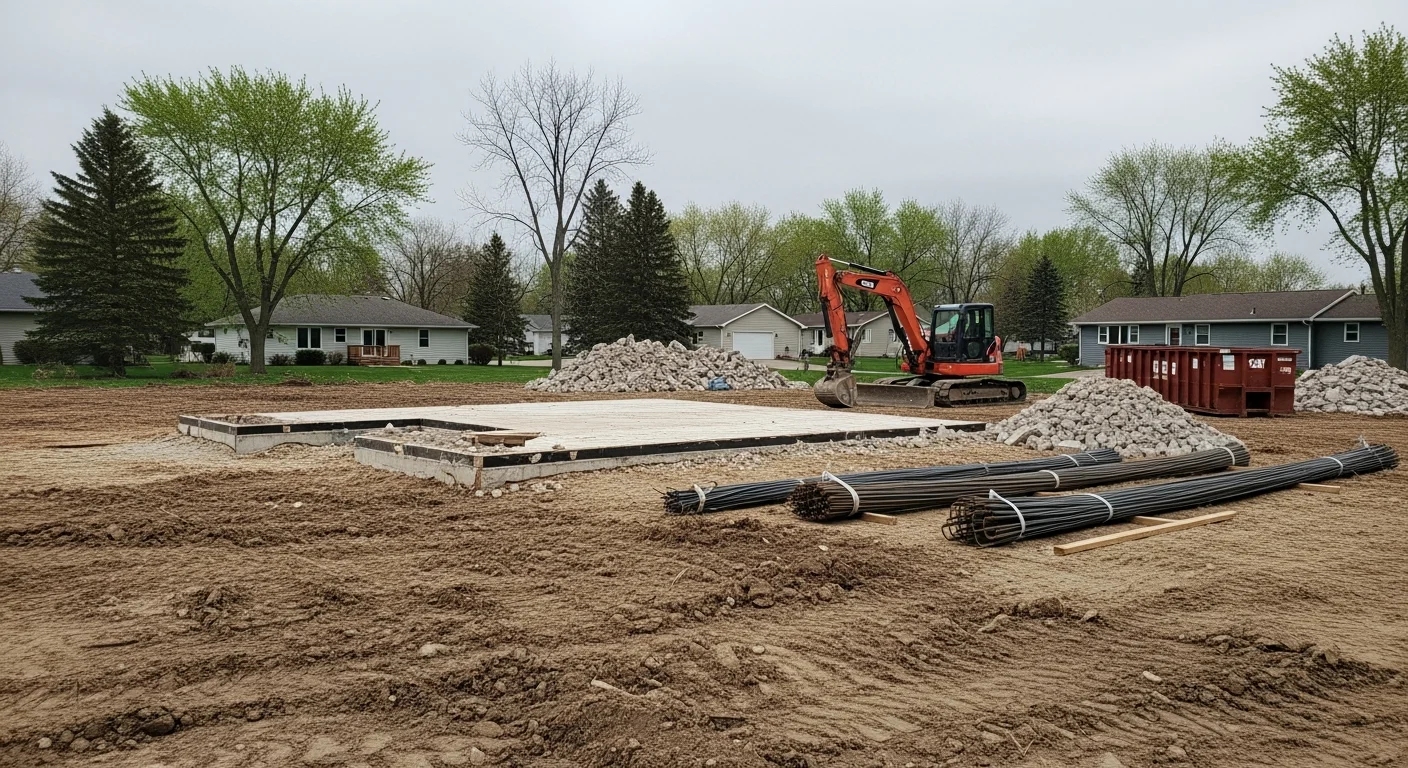 A residential structure being demolished on a rural Princeton, Minnesota property, with a cleared lot visible and surrounding land open for future use. Heavy equipment is positioned at the site during the controlled building takedown.