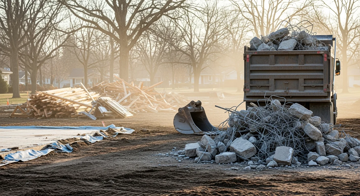 A cleared rural property in Princeton, Minnesota with piles of old lumber, scrap metal, and concrete rubble loaded onto a work truck for removal. Open land is visible in the background after debris haul-out.
