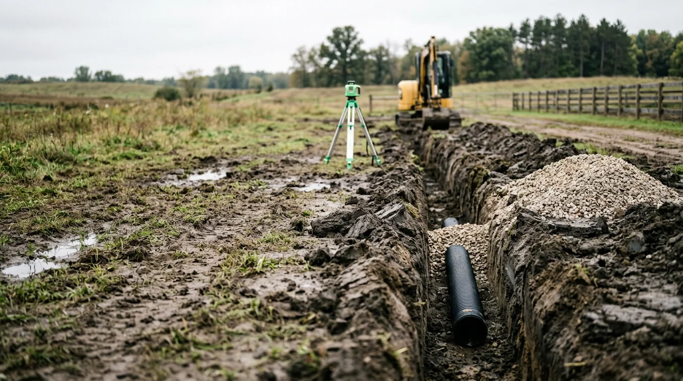 Drainage installation in progress on an equestrian farm property in Princeton, Minnesota, showing graded soil and drainage channels near a pasture gate. Surrounding land reflects the flat, open terrain common to Isanti County horse ranches.