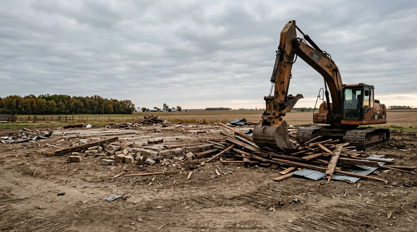 A weathered timber-frame barn being demolished on a rural Minnesota farm property near Princeton. Heavy equipment works at the structure while open fields stretch into the background.