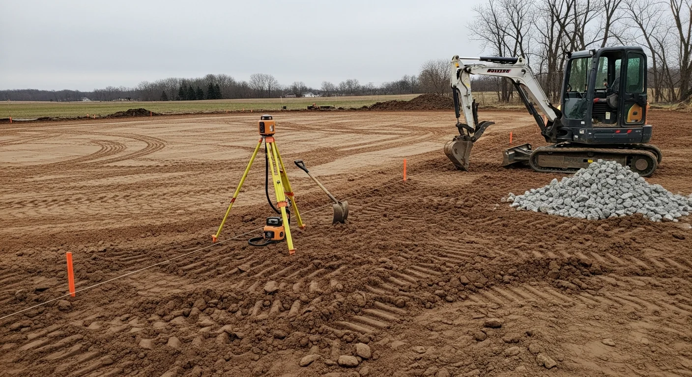 Freshly constructed outdoor horse arena on a rural Princeton, Minnesota property with a compacted and graded base ready for footing material. Flat, level surface surrounded by open farmland typical of Isanti County.