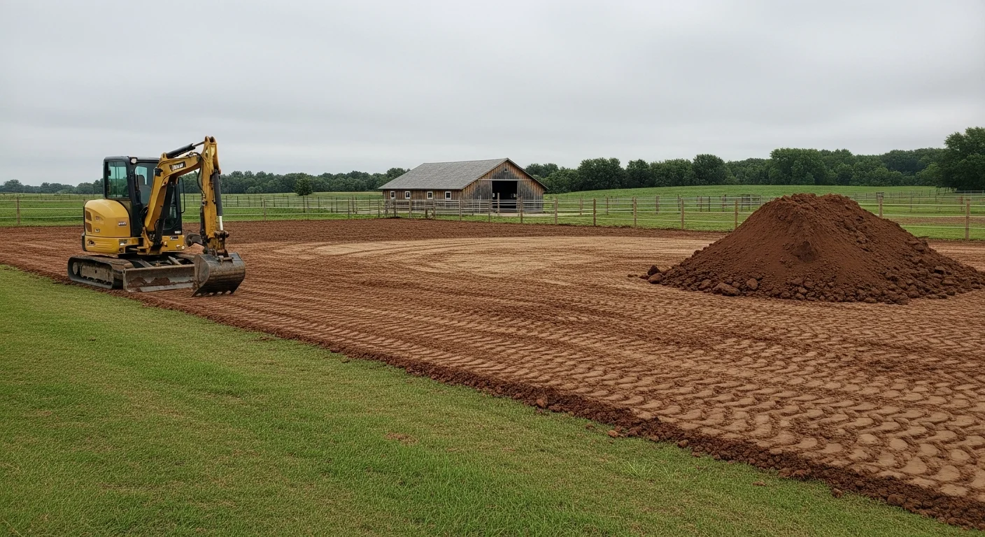 Excavator cutting a barn pad on a horse farm property near Princeton, Minnesota, with open pasture land and sandy glacial soil visible in the foreground.