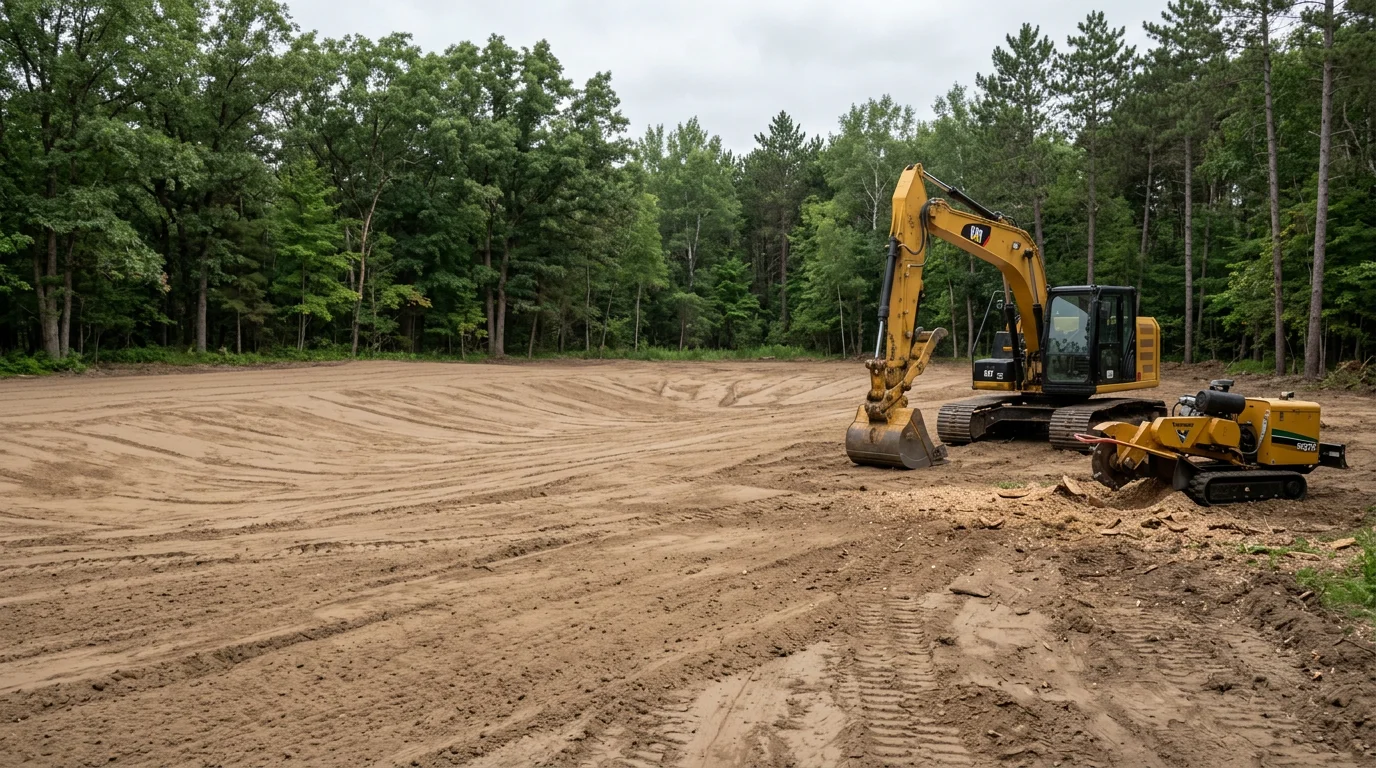 A graded and leveled rural field in the Princeton, Minnesota area ready for pasture or crop use. A skid steer or grading machine is visible shaping sandy soil on a clear day.