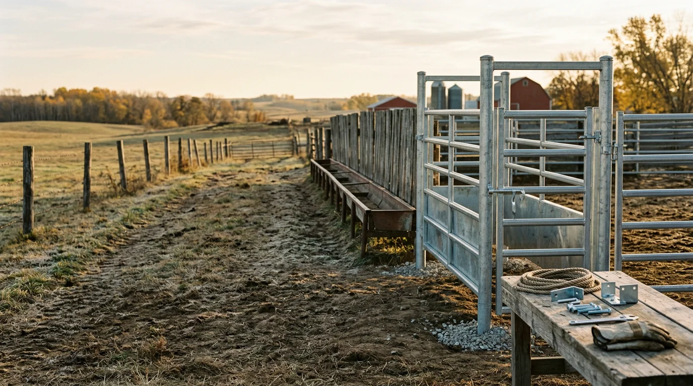 Installed livestock gate and panel system on a rural farm property in Princeton, Minnesota. Heavy-duty panels are set and aligned along a dirt-floor handling area with open pasture visible in the background.