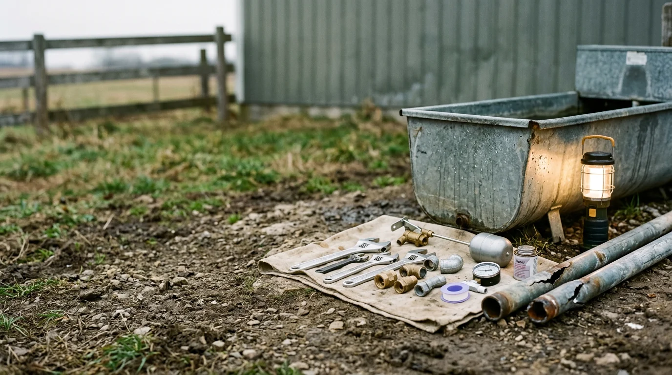 A livestock watering system on a working farm in Princeton, Minnesota, with a technician inspecting the valve and float components at a cattle waterer in a pasture setting.
