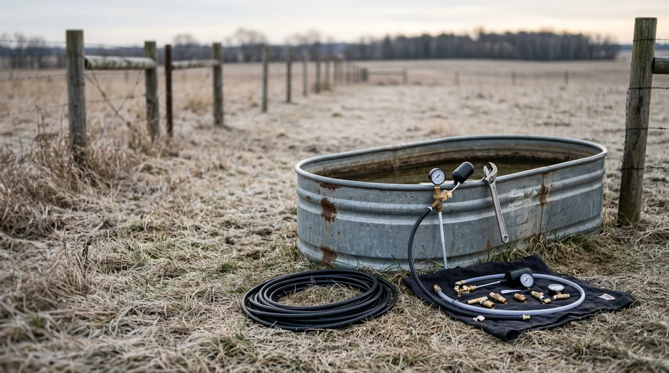 A repaired livestock waterer on a pasture farm near Princeton, Minnesota, with clear water flowing steadily into a clean trough. Fence line and open field visible in the background, typical of Isanti County beef cattle and horse ranch properties.
