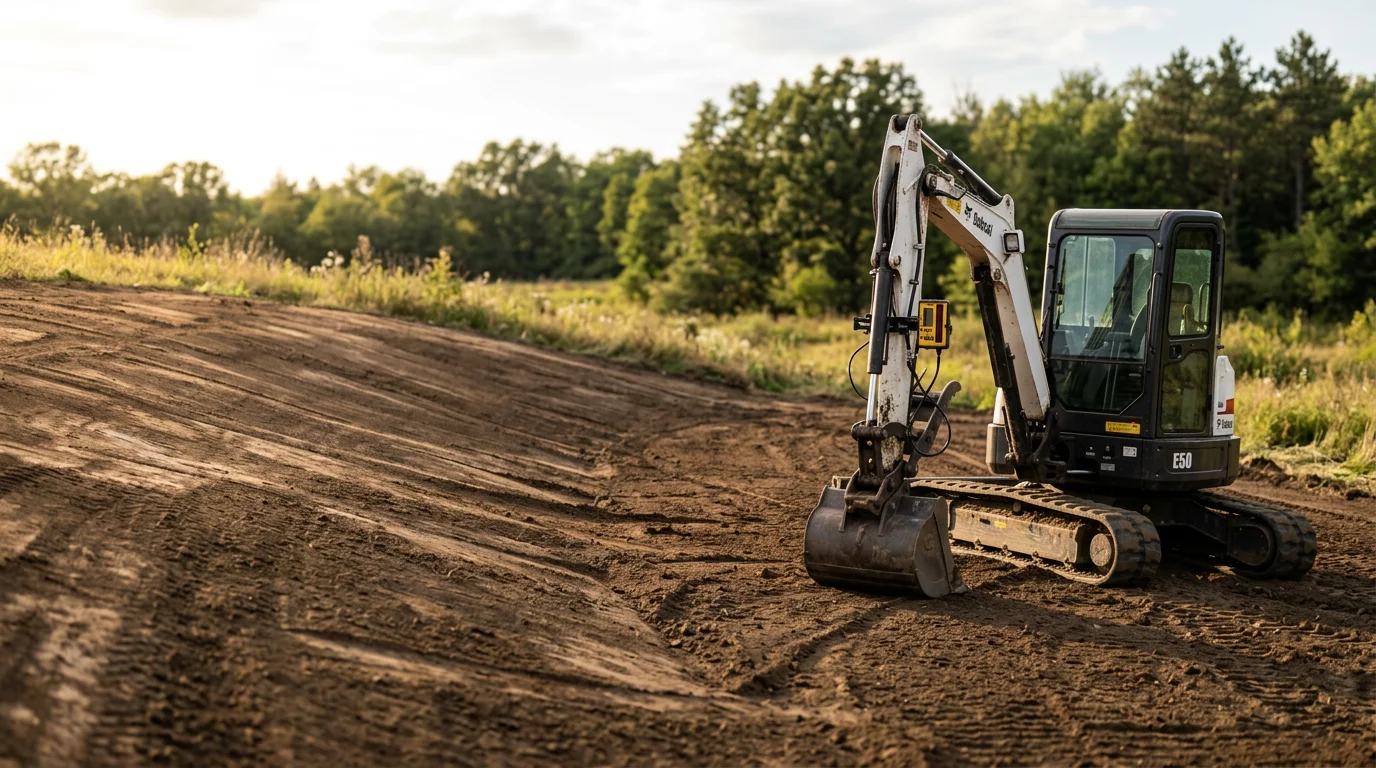 Graded horse pasture on a rural farm property near Princeton, Minnesota, showing a smooth, sloped surface with fresh soil ready for seeding. Surrounding fence line and open sky visible in the background.