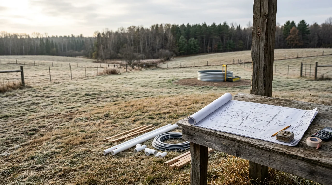 Overhead view of a pasture watering system layout on a Minnesota farm, showing pipe routes and stock tank placement across multiple paddocks. The surrounding landscape reflects the open grazing land typical of Isanti County and the Princeton area.